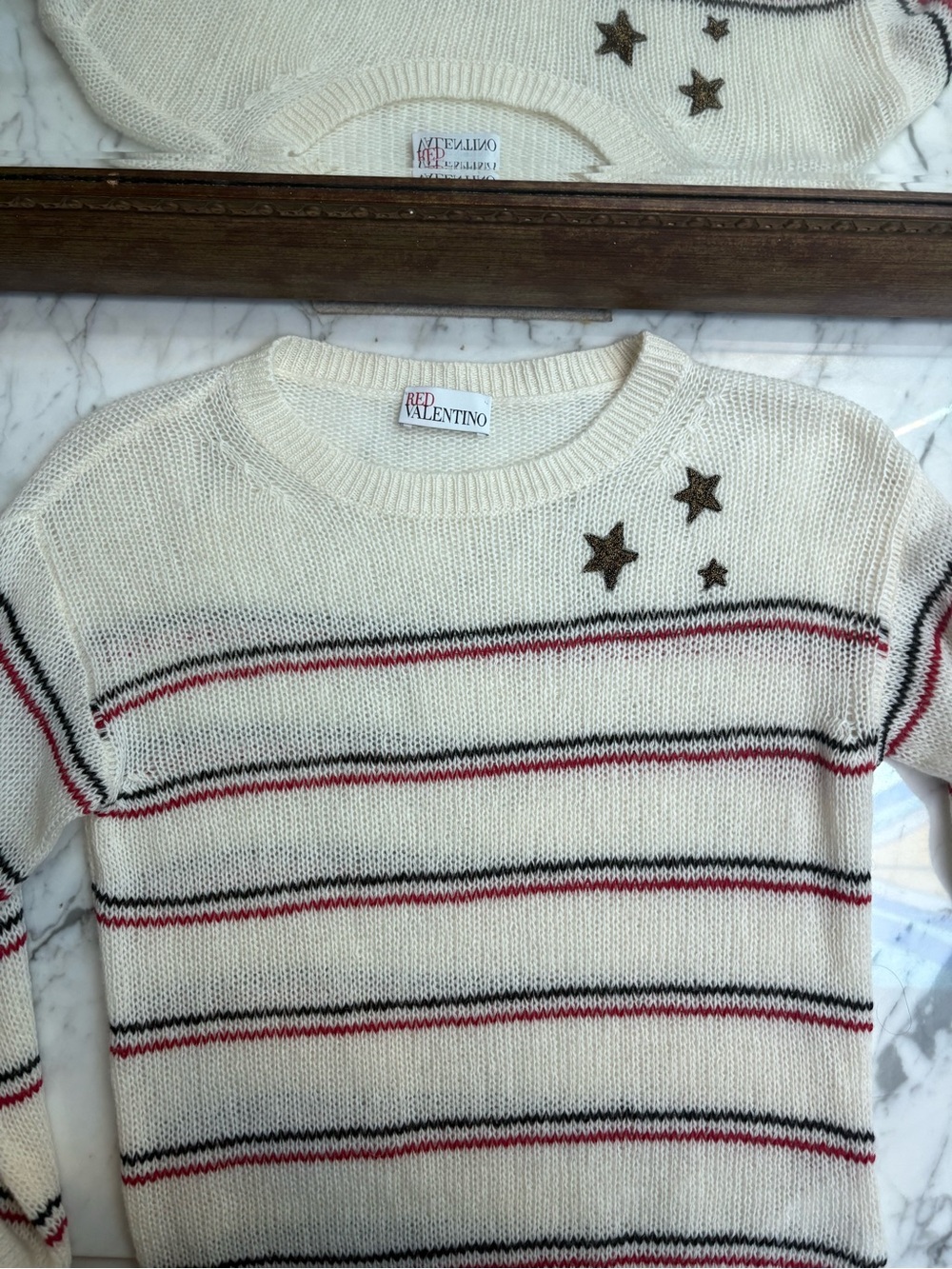 RED Valentino Cream Sweater with Red & Black Stripes and Star Appliqués